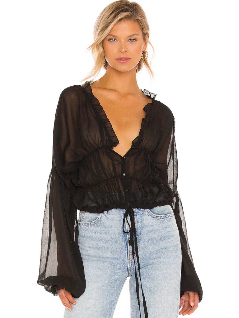 SNDYS Bali Top XS Black Sheer Ruched Drawstring Crop Blouse Revolve Boho
